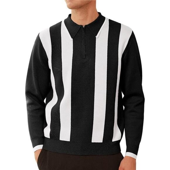 Men's Striped Pullover Sweater Quarter Zip Knitted Contrast Polo